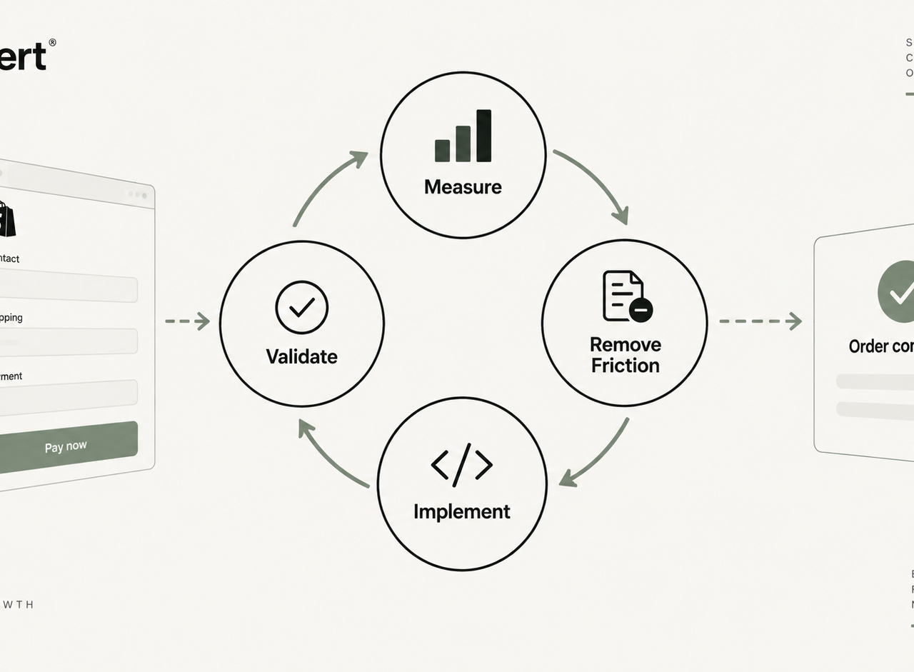 Editorial cover diagram of a Shopify checkout optimization system: measure, remove friction, implement, validate, looping back to measurement.