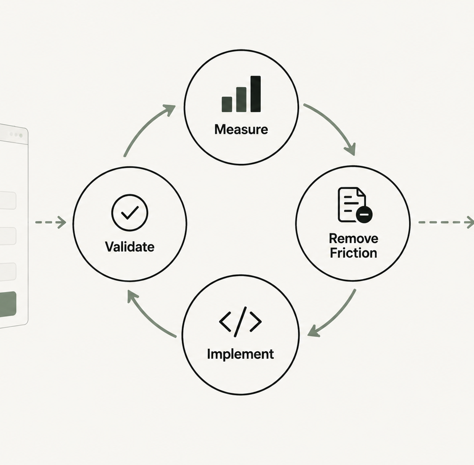 Editorial cover diagram of a Shopify checkout optimization system: measure, remove friction, implement, validate, looping back to measurement.