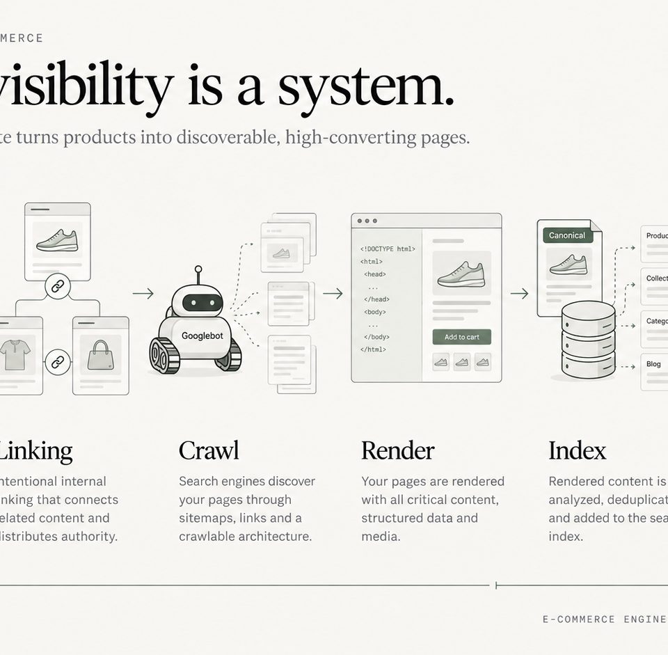 Technical SEO architecture connecting URL ownership, internal linking, crawl and rendering to indexation.