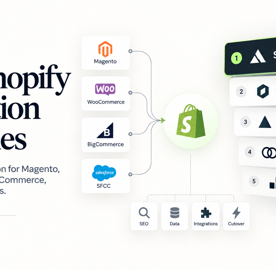 Technical comparison of the best Shopify migration agencies in 2026 by migration type, evidence, SEO controls, data complexity, and platform fit.