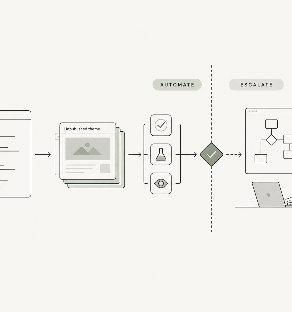 Controlled Shopify theme automation workflow with staging validation and escalation