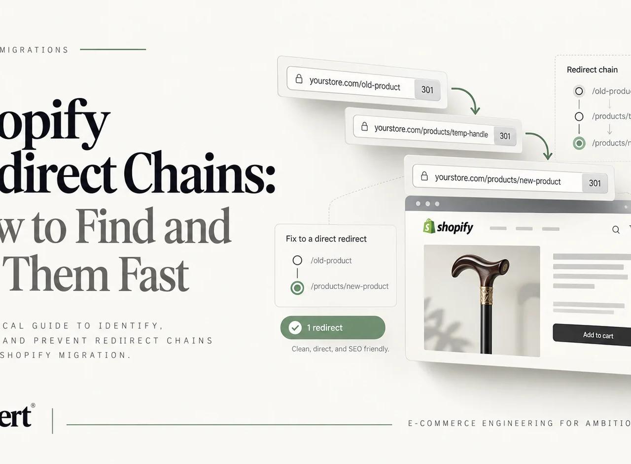 Shopify redirect-chain schematic: legacy URL A passes through old handle B to final page C; a sage direct 301 arrow bypasses the intermediate hop.