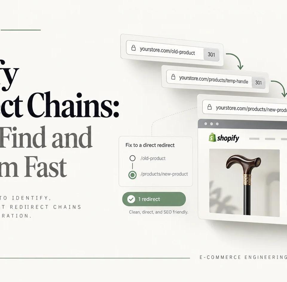 Shopify redirect-chain schematic: legacy URL A passes through old handle B to final page C; a sage direct 301 arrow bypasses the intermediate hop.