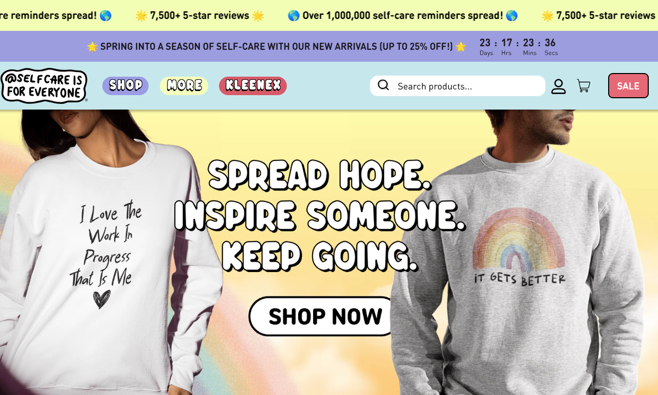 Storefront de SelfCareIsForEveryone con la colaboración Kleenex
